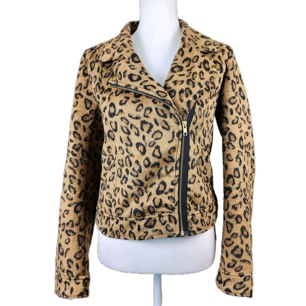Leith Felted Moto Jacket Womens Small Brown Leopard Asymmetrical Zip Cropped‎